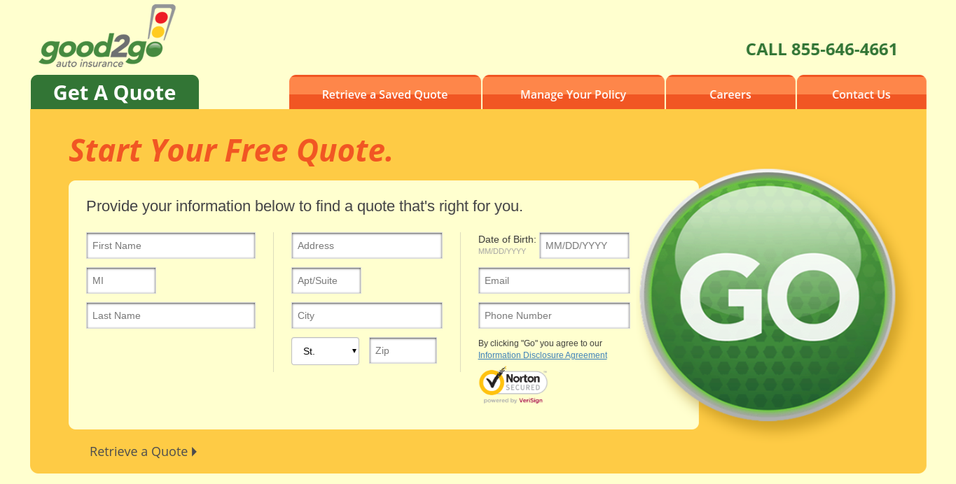 Good2Go Get a Quote Initial Information Page