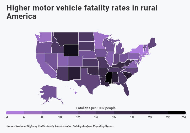 heat map showing higher fatality rates in rural Amercia