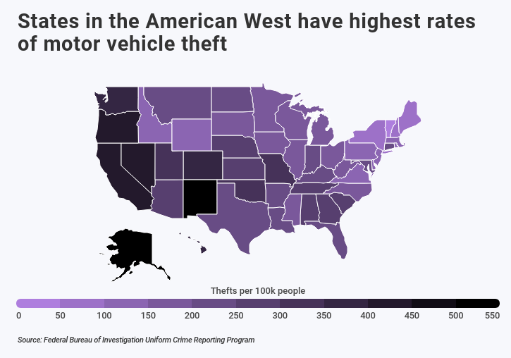Heat map of US showing the West has highest rates of vehicle theft