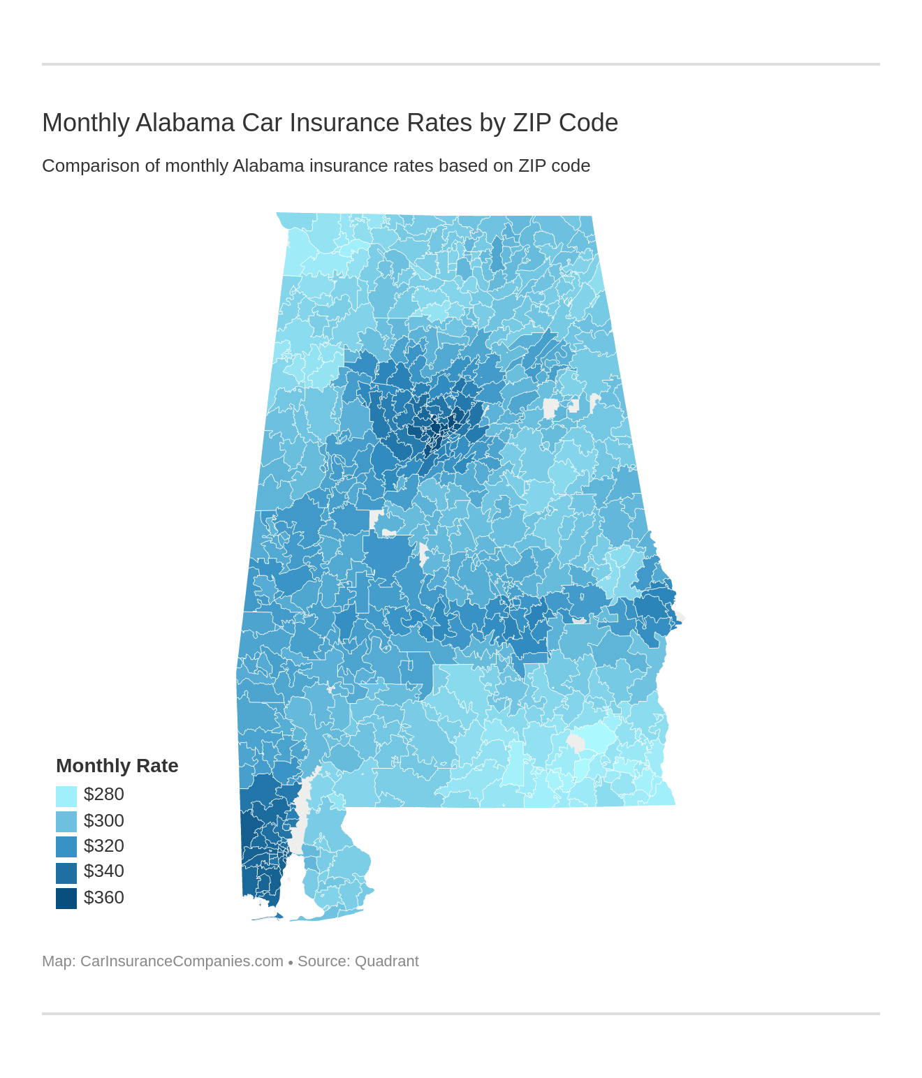 Monthly Alabama Car Insurance Rates by ZIP Code