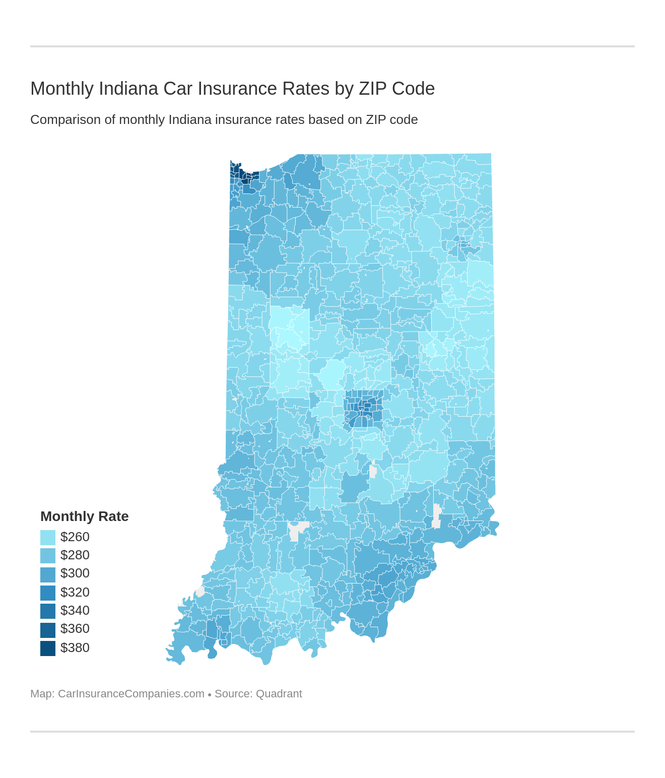 Monthly Indiana Car Insurance Rates by ZIP Code