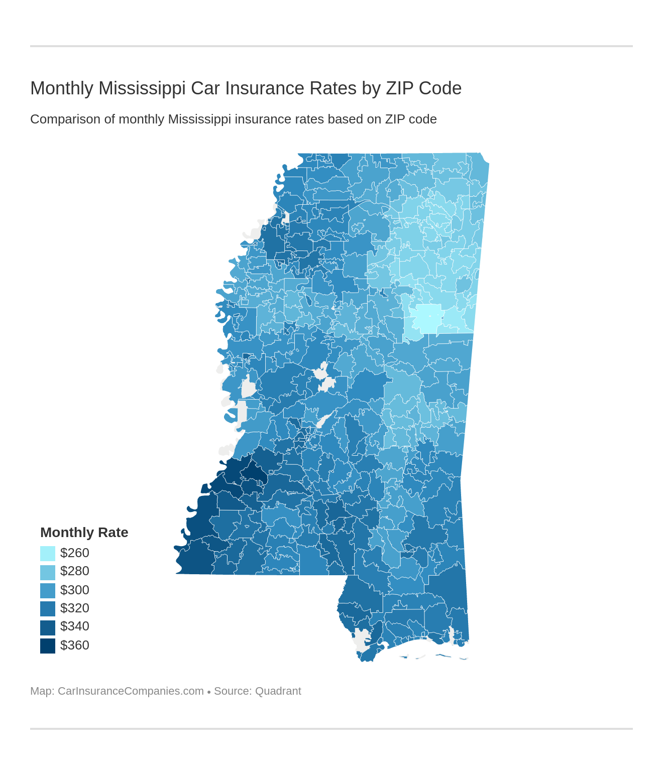 Monthly Mississippi Car Insurance Rates by ZIP Code