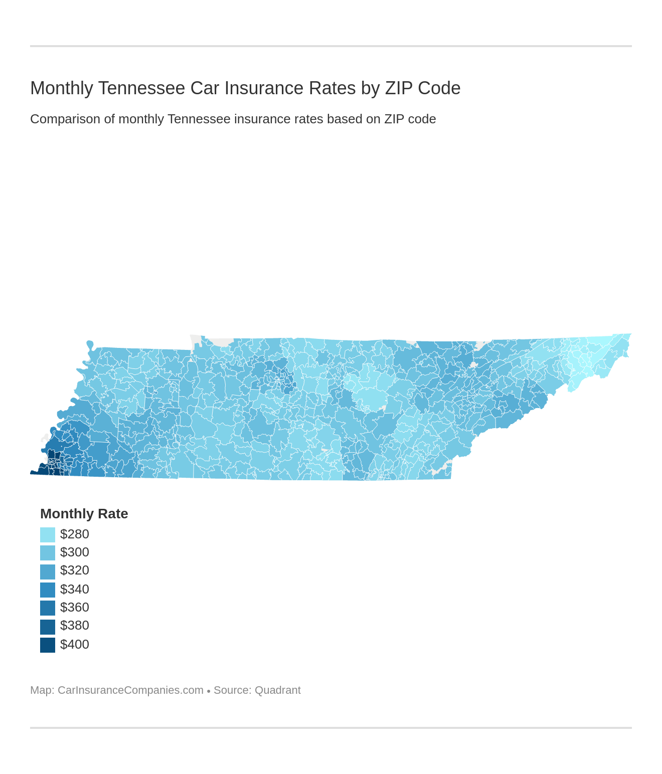 Monthly Tennessee Car Insurance Rates by ZIP Code