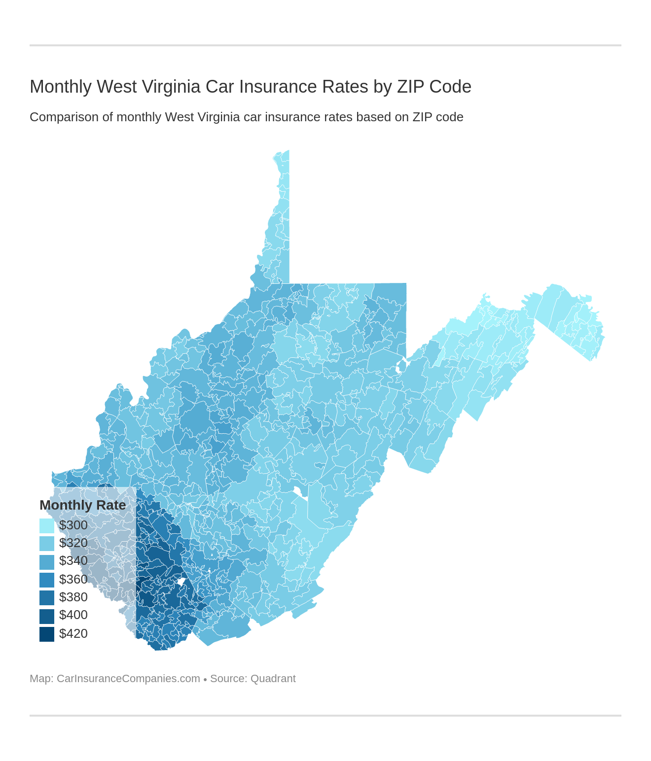 Monthly West Virginia Car Insurance Rates by ZIP Code
